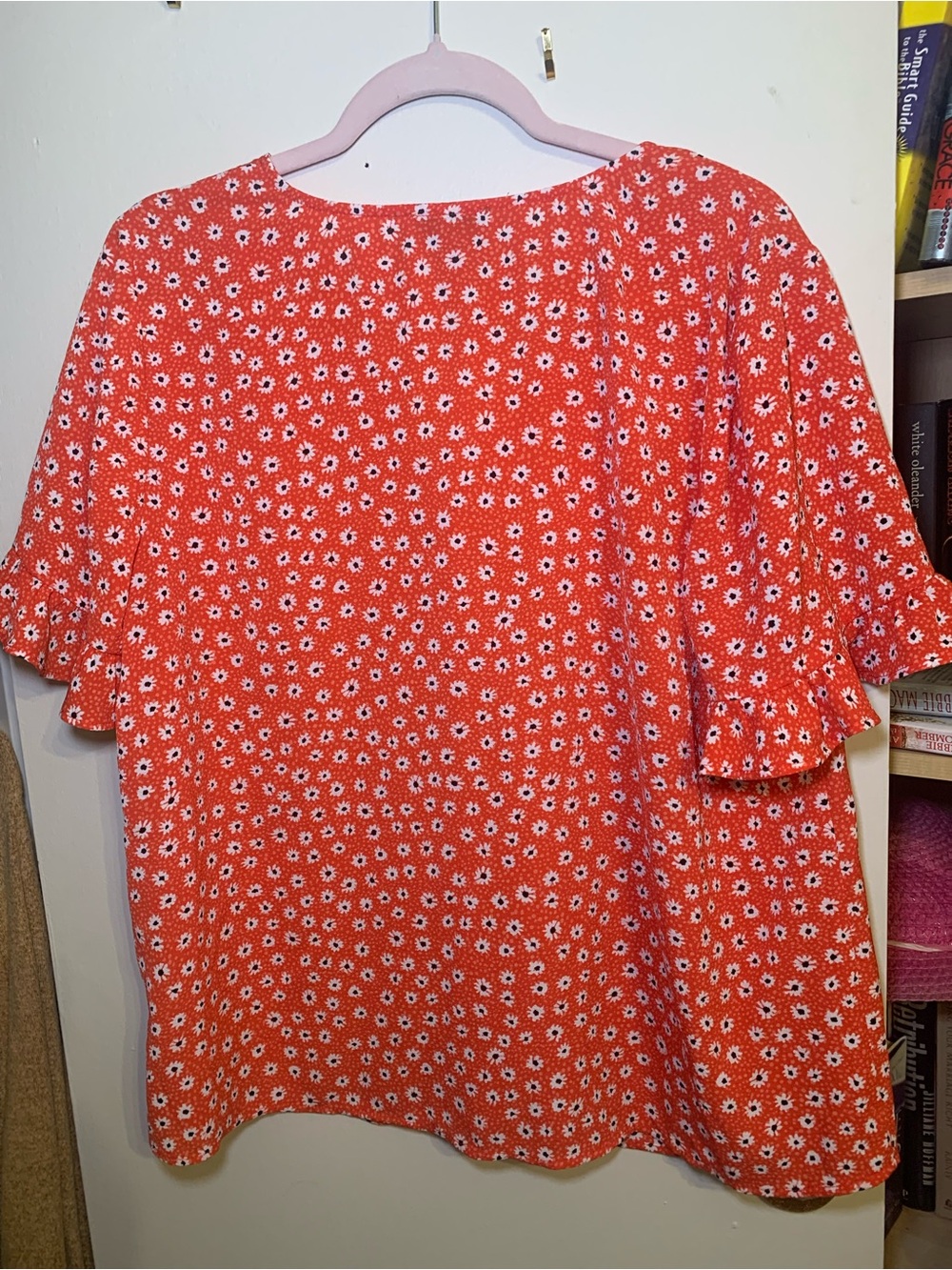 CeCe Coral Red Daisy-Print Button Front Blouse - Picture 4 of 4